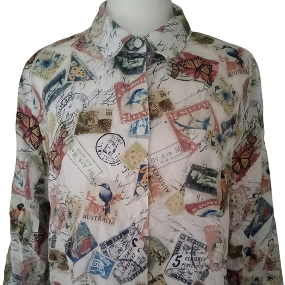Chico's Button Front Novelty Postage Stamp Print 100% Linen Blouse Size XL - Picture 2 of 5
